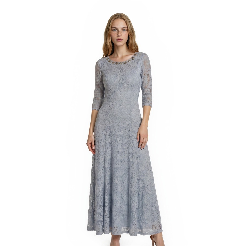 Tahari Arthur S. Levine Evening Gown Dress Women's Size 14 Blue Lace Maxi Long